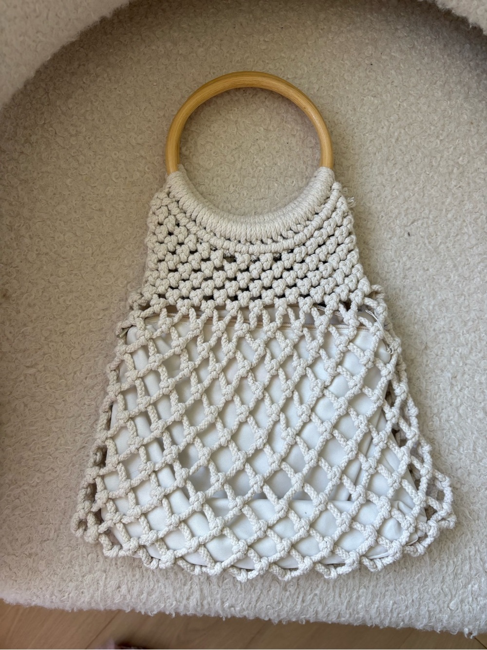 Joe Fresh Cream Macramé Satchel with Wooden Round Handles